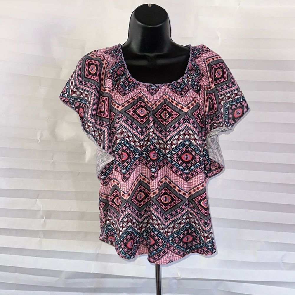 No Boundaries Peasant Top Women’s Size M Short Sleeve Boho Blouse NOBO